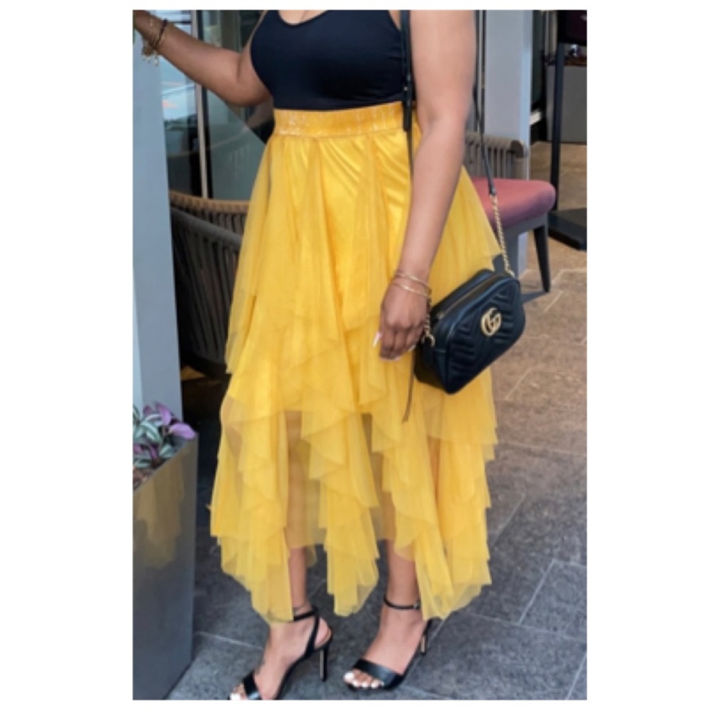Worn ONCE Yellow Tulle Ruffle Maxi Skirt